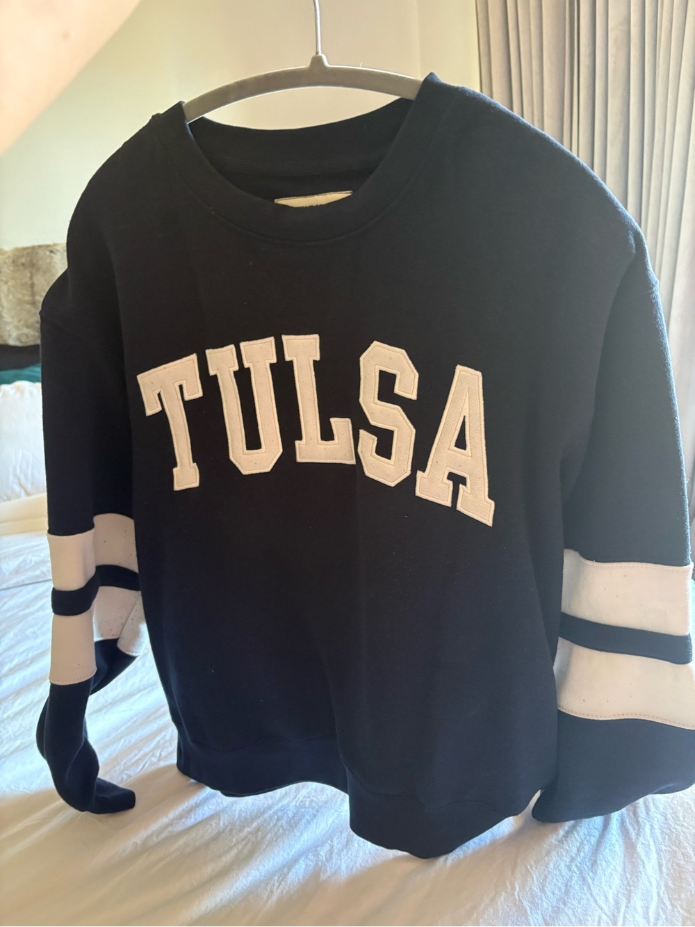 Anthropologie Black Sweater with White Tulsa Appliqué